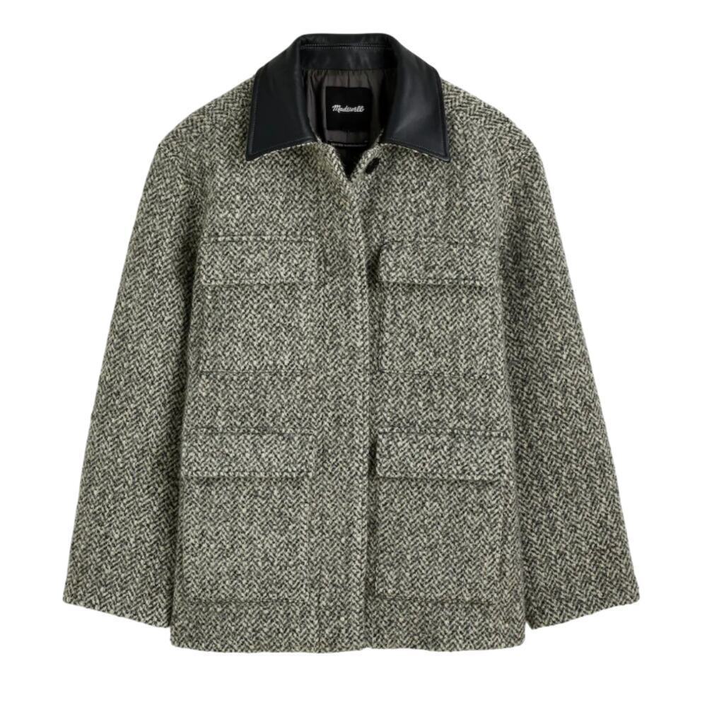 Madewell Wm's Leather Collar Flap Pocket Field Jacket Grey Tweed NWT MSRP $378